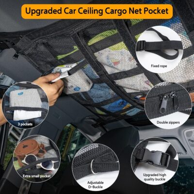 Car Ceiling Cargo Net with 3 Pockets,31.5"x21.6" Car Overhead Storage Mesh Organizer,Double Layer Roof Mesh Camping Overlanding Gear Must Haves Cargo Net,Road Trip Essentials - Image 3
