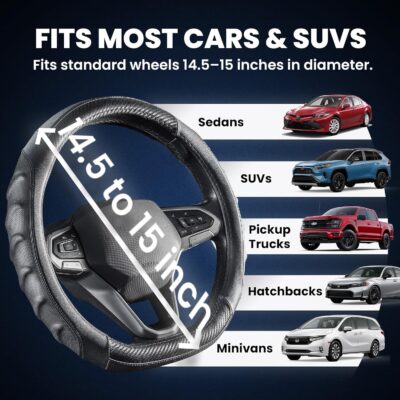 Carbon Fiber D Shaped Steering Wheel Cover – Universal 15 Inch (14.5-15″) Flat Bottom Steering Wheel Cover – Non Slip Leather Grip with Gel Comfort Padding – Sporty Design for Cars, SUVs & Trucks - Image 3