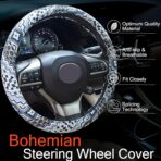 Boho Steering Wheel Cover, Bohemian Cloth Car Steering Wheel for Women Breathable Flax Ethnic Style Steering Wheel Accessories Cover Sweat-Absorbing Anti-Slip Fits 14 1/2-15 Inch - Black - Image 2