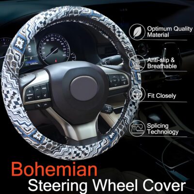 Boho Steering Wheel Cover, Bohemian Cloth Car Steering Wheel for Women Breathable Flax Ethnic Style Steering Wheel Accessories Cover Sweat-Absorbing Anti-Slip Fits 14 1/2-15 Inch - Black - Image 2
